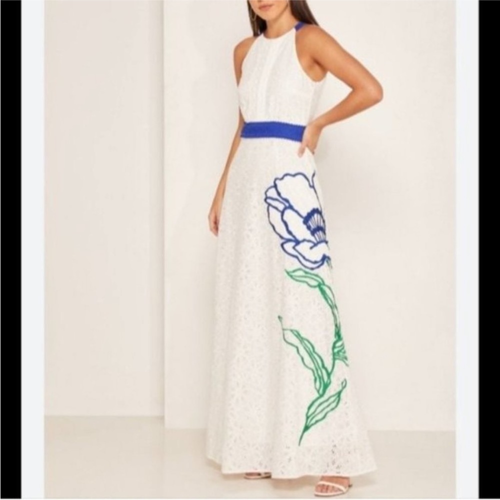 {ANTHRO} Foxiedox White and Blue Halter Maxi Dress